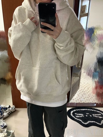 美式灰白色衛衣女春秋季oversize潮牌設計感連帽外套寬松加絨上衣