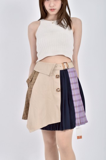 (M) redyazel高腰質感拼接格紋杏色短褲