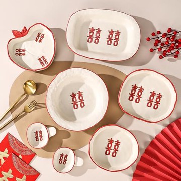 喬遷家用碗碟套裝結婚喜字碗盤中式新婚禮物餐具陪嫁伴手禮紅囍碗