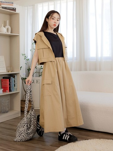 休閒工裝口袋背心長裙套裝