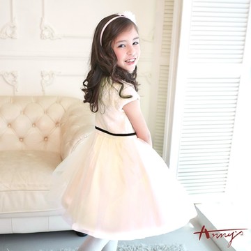 Annys安妮公主-小白花蝴蝶結腰帶秋冬款拼接紗裙禮服*8214黃色