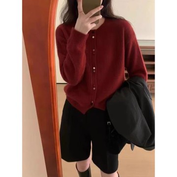 秋冬羊絨衫女圓領毛衣通勤開衫內搭純色外套外搭針織羊毛打底衫