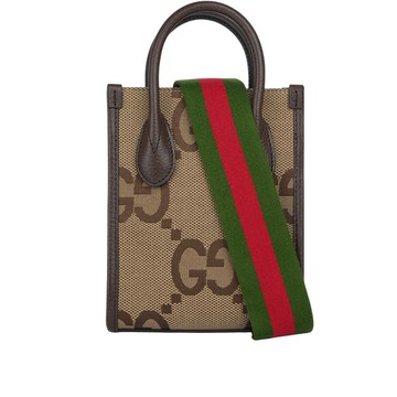 Gucci Jumbo GG Logo 緹花布及皮革迷你二用托特包(棕色)