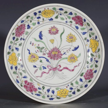 大明成化素三彩一束蓮紋盤古董古玩收藏真品包老保真老物件瓷器