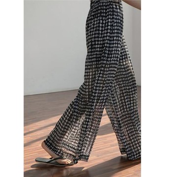 雪紡波點闊腿褲女夏季薄款冰絲休閑涼涼抖抖防曬沙灘花褲子遛彎