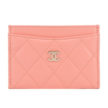 CHANEL 經典雙C LOGO菱格紋小羊皮卡片夾（蜜桃粉）_廠商直送