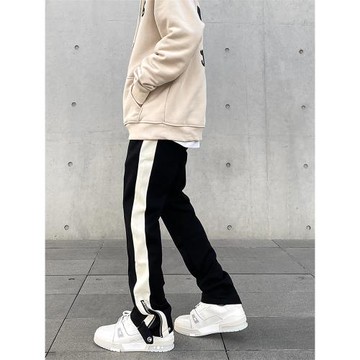 美式復古側邊條紋休閑褲男高街vibe風拉鏈開叉衛褲直筒微喇長褲子