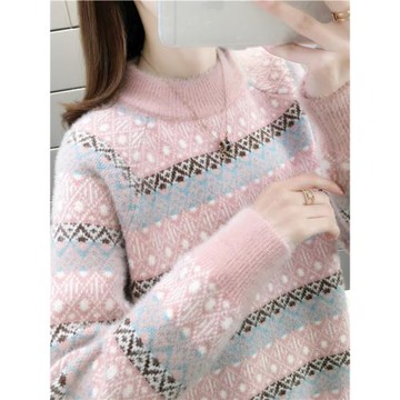 秋冬仿水貂絨半高領加絨加厚毛衣女外穿條紋寬松針織衫打底秋冬季