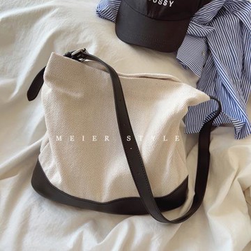 韓風休閑簡約拼色帆布包水桶包大容量托特包子母包2022單肩斜挎包