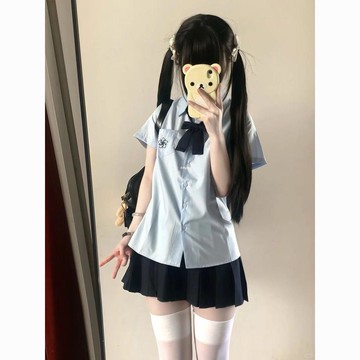 【台灣】Glove 套裝 原創日系 JK制服 襯衫 刺繡短袖 學院風 藍色襯衣 百褶裙 shirt 制服 短袖 夏季 新