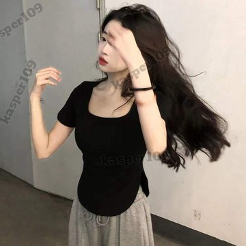 純欲風短袖T恤上衣女2022春夏季韓版緊身顯瘦高腰不規則上衣 素色上衣 韓妞必備