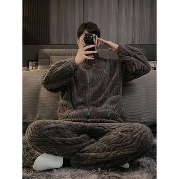 2025年新款冬天男士睡衣冬季加絨加厚珊瑚絨可外穿家居服男法蘭絨