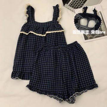 吊帶睡衣女夏季梭織棉2024新款休閑帶胸墊一體夏天藍黑格子兩件套
