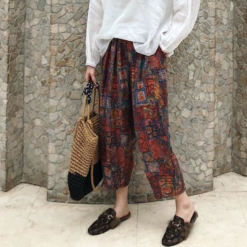 2025春夏新女 大碼名族風寬松薄款顯瘦棉麻亞麻苧麻九分褲直筒褲