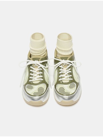 Mesh Pattern Contrast Leather Sneakers [Khaki] (DG4DS25048KHI)