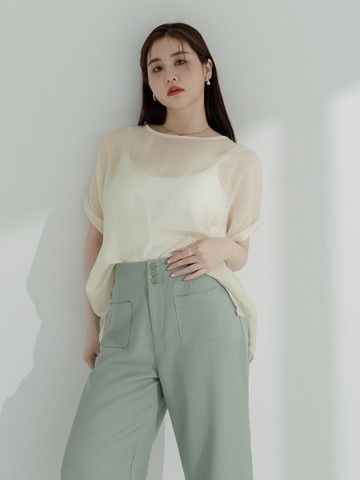 雲朵自訂款-微光澤透膚反折袖開衩上衣