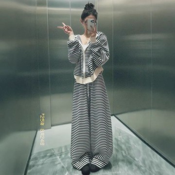 【M-5XL大尺碼】大尺碼女裝 春秋套裝 秋冬套装 上衣+褲子  胖妹妹超大码300斤秋季条纹慵懒时尚外套套装宽松休闲卫