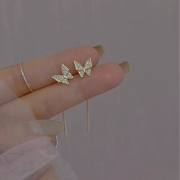 925純銀蝴蝶耳釘女高級感簡約長款耳線夏季新款不易掉有質感耳環
