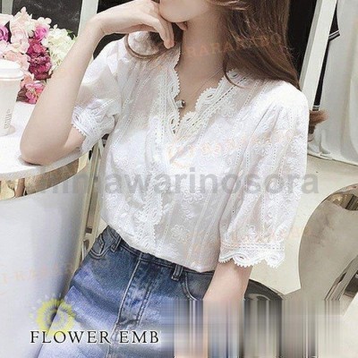 ブラウス レディース レース Vネック シャツ 春 夏 春夏 半袖 刺繍 柄 ホワイト チュニック 大人 オフィス トップス 代 ママ 母 Ol 通販 Lineポイント最大get Lineショッピング