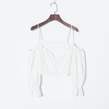 夏季女裝韓版清新純色性感一字露肩喇叭袖顯瘦短款吊帶襯衫