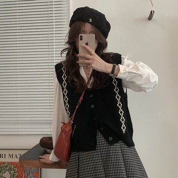 學院風拼色V領針織開衫馬甲外套女春秋韓版寬松無袖毛衣背心外穿