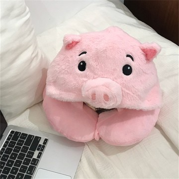 連帽U型枕🎀 ins少女心粉色小豬u型枕連帽毛絨保暖冬季辦公室午睡枕旅行護頸枕