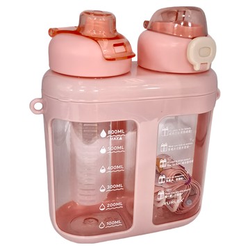 大容量雙倉雙飲背帶創意水壺 1600ml 附肩帶  粉色  1個