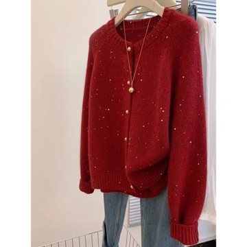 正品哥家新款2025秋冬亮片圓領毛衣開衫本命新年紅色軟糯針織外套