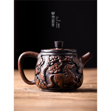 建水紫陶茶壺純手工云松躍馬高石瓢壺功夫茶具非紫砂壺手作泡茶器