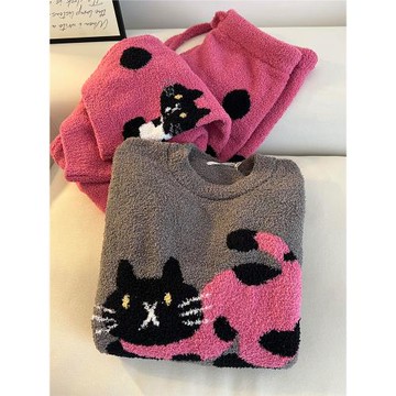 韓版卡通貓咪印花半邊絨睡衣女秋冬季新款保暖加厚家居服套裝外穿