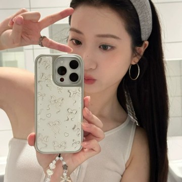 ins風滿屏蝴蝶結帶鏈條防摔手機殼 iphone17手機殼 16 15保護殼 簡約設計