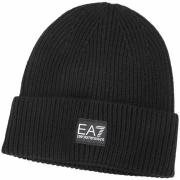 Emporio Armani EA7 字母老鷹羅紋混紡羊毛反摺針織帽(黑色)
