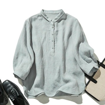 法式亞麻襯衫 透氣親膚  輕奢簡約 歐系優雅 朦朧水霧藍 240404-1