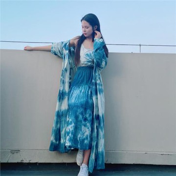 一澈扎染原創設計手工植物藍染飄逸棉麻草木染漢服袍外披長款罩衫