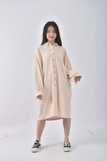 (F) jineilai棉質排扣純棉杏色洋裝