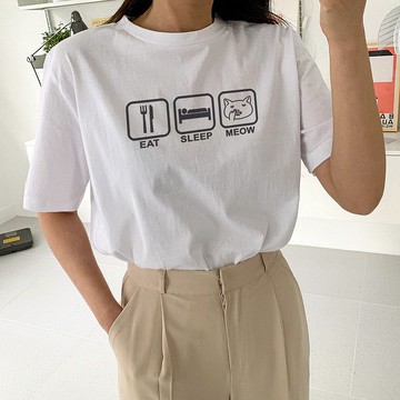 Eat Sleep Meow 中性短袖T恤 白色 吃睡喵貓咪Cat上衣寬鬆