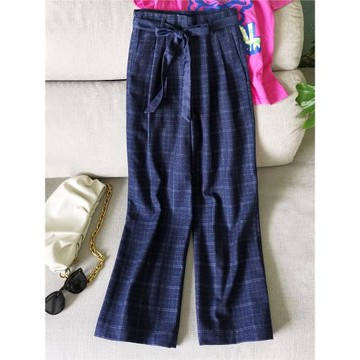 秋季深藍色格子闊腿褲百搭高腰寬松顯瘦遮肉休閑褲垂感西裝褲344