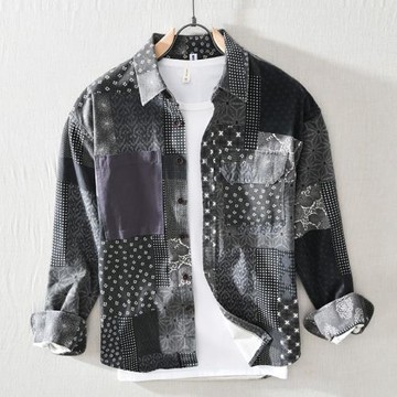 春秋男士長袖純棉碎花襯衫日系青年休閑工裝襯衣潮牌翻領寸衫男裝