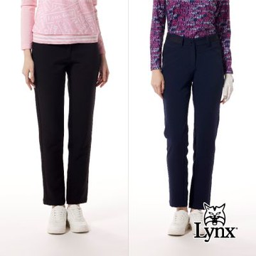 【Lynx Golf】女款彈性舒適壓紋織帶剪接質感金屬貼膜造型前低後高腰圍設計窄管長褲(二色)