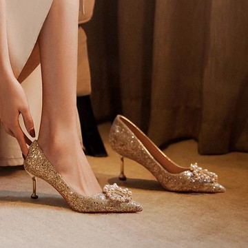 金色高跟鞋婚鞋女2025絕美水晶新娘鞋平時可穿伴娘鞋大小碼禮服鞋
