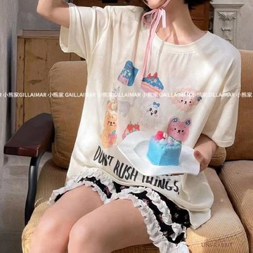 胸墊睡衣女睡衣套裝女生睡衣ins風韓系可愛印花短袖帶胸墊睡衣女甜美碎花短褲家居服外穿套裝