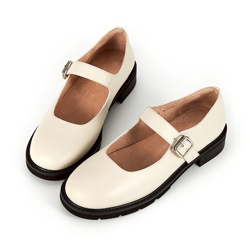 全真皮寬帶圓頭厚底瑪莉珍鞋 米白色