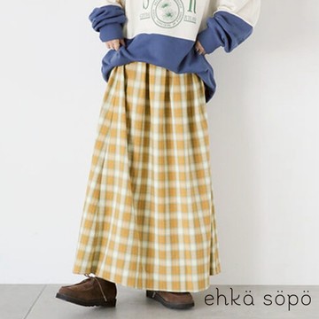 ehka sopo 配色格紋打摺後鬆緊喇叭剪裁長裙(FF37L0L0880)