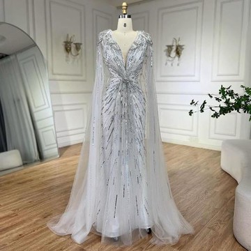 【女神婚紗禮服】極致奢華閃耀串珠披肩深V收腰無袖小魚尾晚禮服LA72168A天使白