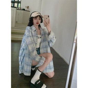 大碼港味復古格子防曬襯衫女夏季慵懶風Polo領中長款寬松外搭上衣