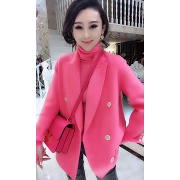 2025秋季新款玫紅色短款大衣歐貨寬松時尚百搭雙排扣雙面呢外套女