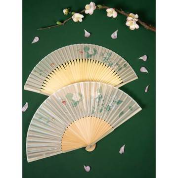 古風窄邊絲綢茉莉花啞光漆折扇