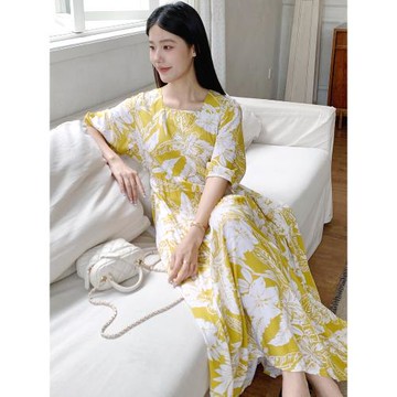 人造棉連衣裙寬松大碼女裝夏季新款防曬外穿棉綢裙子垂感遮肉超長