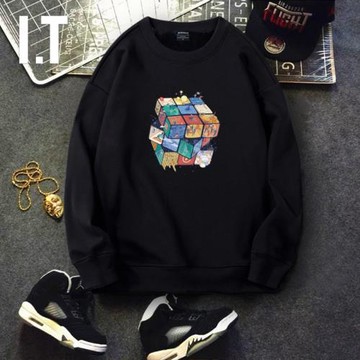 香港潮牌秋冬加絨衛衣男寬松休閑圓領春新款男裝魔方印花加厚外套