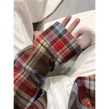 廣州十三行爆款清倉撿漏~慵懶風復古紅色格子襯衫女設計感小眾潮